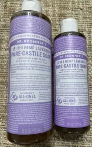 2 Bottles Dr Bronner's Organic 18-In-1 Hemp Lavender PURE-CASTILE Soap 16oz 8oz