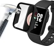[Acadeny] Case with Tempered Glass Screen Protector Compatible for Xiaomi Mi Watch Lite/redmi Watch, 9H Hardness, 360° All-Round Protective Case, Ultra Thin Protective PC Case Cover with Scale, Black