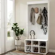 White Hall Tree Shoe Cabinet: 180CM Storage Rack with Shoe Bench and Coat Rack