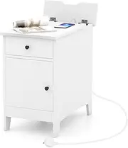 [Giantex] End Table with Charging Station, Side Table with USB Ports & Outlets, Narrow Nightstand with Drawer, Storage Cabinet, Magazine Rack, Bedside Table for Living Room, Bedroom (White)