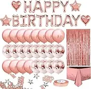 Rose Gold Birthday Party Decorations, Including Balloons, Fringe Curtain, Tablecloth,Foil Balloons, Banners, Tassel Curtains, Aluminum foil tablecloths, Heart-Shaped Confetti Balloons.