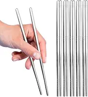 HiKiHUA 5 Pairs Metal Chopsticks, Stainless Steel Reusable Chop Sticks, Stainless Steel Tableware, Dishwasher Safe Metal Chopsticks Cutlery , Easy to Use Crockery Set, Gift Set (Silver)