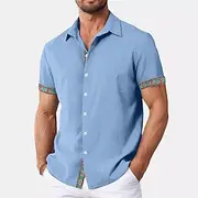 Men's Shirt Linen Shirt Summer Shirt Beach Wear Plain Vacation Casual Black White Blue Gray Short Sleeve Collar Summer Spring Summer Clothing Apparel Color-Bl
