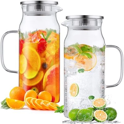 2 Pack 2 Liter 68 oz 2.1 Qt Glass Pitcher with Lid and Spout Water Pitcher fo...