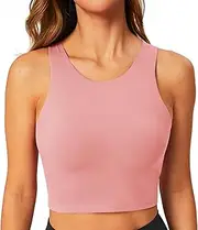 [BAYDI] Women's Sports Bra Without Underwire Bustier High Closed Crop Top Racerback Tank Tops Removable Padding Yoga Bra, Sunny Coral, XL