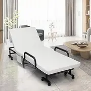Giantex Folding Bed with Mattress, Portable Guest Bed w/Adjustable 6 Position & Side Storage Pocket, 150KG Fold up Bed on 8 Wheels for Home Office, Single Sleeper Roll Away Beds for Adults (White)