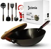 Eclimia Cast Iron Wok | Nonstick Stir-Fry Pan | Wok, Lid & Four Coking Spatulas