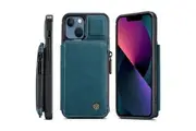 For Apple iPhone 13 Mini CaseMe Back Zipper Wallet Case W/ 3 Card Slots, RFID Blocking, 1 Money Pocket, Credit Card Holder Leather Cover (Teal Blue)