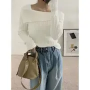 Long-Sleeve Square Neck Plain Ribbed Knit Top White - One Size