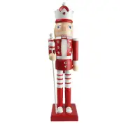 15" Red & White Nutcracker Decoration with White Staff – Hand painted Wood