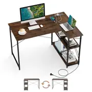 Costway L-Shaped Corner Computer Desk w/Reversible Adjustable Storage Shelves & Power Outlet for Office Gaming Brown