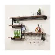 Industrial Pipe Shelves Wine Rack Wall Mounted with 4 Stem Glass Holder,Bar S...
