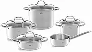 [Fissler] San Francisco 5-Piece Stainless Steel Saucepan Set, Saucepan Set, Pots with Glass Lid, Induction (3 Saucepans, 1 Stewing Pan 1 Saucepan) - Induction