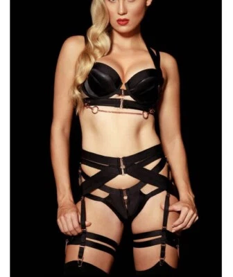 Honey Birdette Kukuro Black Rose Gold 10DD Bra XS Suspender XS Brief SET BNWT