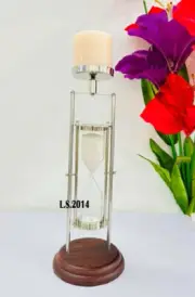 Hourglass Sand timer Clock with Taper Candle Holder Brown Base Decor unique Gift