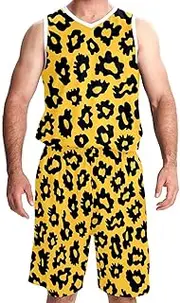 [KQNZT] Basketball Jersey and Shorts, Jerseys for Men, Men's Athletic Basketball Jersey, Yellow Leopard Print Modern