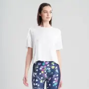 Josie Natori Drop-Shoulder Top Women's S White Solid Crew Neck Short Sleeve