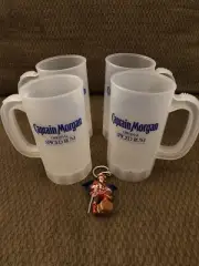NOS Vintage Captain Morgan Spiced Rum Mugs Plastic Set Of 4 With Keychain