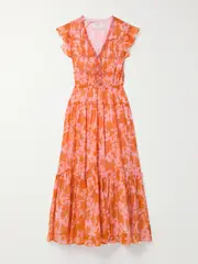 [La Ligne] La Ligne - Olympia Pintucked Ruffled Floral-print Silk-chiffon Midi Dress - Orange - large large Orange