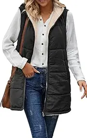 [FEOYA] Women's Quilted Gilet Body Warmers Winter Vest Fleece Lined Long Hooded Down Jacket Ladies Winter Sleeveless Coat Warm Waistcoat Outwear Zip Up Cardigan S-3XL