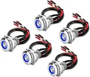 5Pcs 19mm 12V Waterproof ON Off Latching Push Button Switch with Wiring Harness and Led Indicator Light, 24V Pre-Wired SPDT Self-Locking 4 Pin Marine Metal Switch for Boats Cars Truck (Blue)