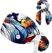 [YTYVAGT] Scrub Caps Women with Buttons,Surgical Caps with Button Adjustable Unisex,4th July Independence Day Pattern