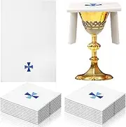 Fanfanwin 12 Pack of Embroidered Cotton and Linen Purificator with Blue Cross Center Embroidered Purificators for Catholic Church Altar Cotton and Linen Towel Catholic Communion Supplies, 12 x 18 Inch