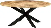 Modern Round Dining Table 175x75 cm in Rough Mango Wood with Powder-Coated Steel Legs, Farmhouse Style Kitchen Table, Perfect for Small Spaces, Dining Room Furniture