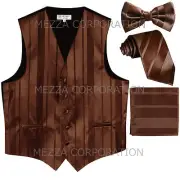 New Men's Tuxedo Vest Stripes Necktie, Bowtie & Hankie set formal wedding Brown