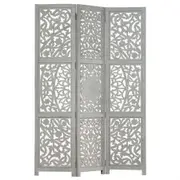 Hand carved 3-Panel Room Divider Grey 120x165 cm Solid Mango Wood