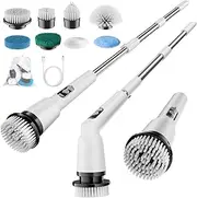 Kliburash Electric Spin Scrubber, LED Display Shower Cleaner with 8 Brush Heads, Full-Body IPX7 Waterproof Bathroom Cleaning Brush with Long Handle, Power Scrubber for Bathtub Tile Floor(White)
