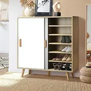 [OIKITURE] Shoe Storage Cabinet with 6 Adjustable Storage Shelving and Sliding Door, Shoe Rack Cabinet Hallway Sideboard White and Wood