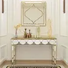 Retro Mirrored Glass Top Console Table Vanity Table Accent Wall Mirror Gold Edge