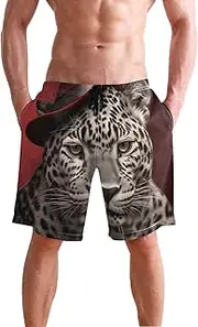 [XYMZR] Men's Swim Trunks Red Hat Cheetah White Quick-Dry Bathing Suit Swimming Board Shorts S