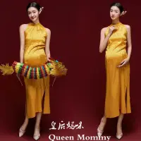 在飛比找蝦皮購物優惠-新年影樓龍年主題孕婦照服裝新款復古中國風黃色旗袍孕媽咪攝影服
