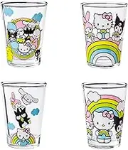 Silver Buffalo Sanrio Hello Kitty and Friends Rainbow Featuring Badtz-Maru, My Melody, Cinnamoroll, Kuromi, Little Twin Stars, Pochacco, Keroppi, Tuxedo Sam, and Chococat 4 Pack Mini Glass Set, 1.5oz