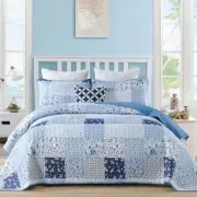 Boho Quilt Set Patchwork Floral Bedspread Coverlet Plaid Quilt Set Queen Blue