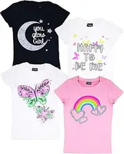 [MISS POPULAR] Girls 4-Pack Super Soft Short Sleeve T-Shirts Rainbow Butterfly Glitter Print Cute Design| Sizes 7-16