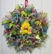Yellow Chick Mesh Ribbon Wreath. Handmade on 14”. Measures 19-20”