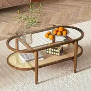 [Giantex] Rattan Coffee Table, 2-Tier Oval Acacia Wood Tea Table w/Tempered Glass Tabletop & PE Rattan Storage Shelf, Boho Cocktail Tables, Mid Century Modern Center Table for Living Room Office, Brown
