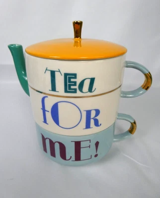 Anthropologie Retro Tea For Me Multicolor Stackable 15oz Teapot 12oz Cup Set NEW