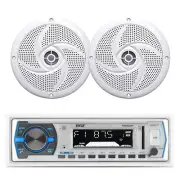Pyle Single DIN Bluetooth Stereo Receiver, 2x 4" 100W Marine White Boat Speakers