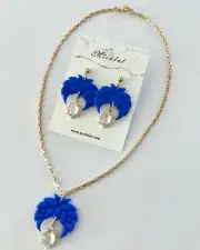 Handmade Polymer Clay Earrings Pendant Set Royal Blue Crystal Charms Flowers