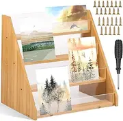 4 Tier Greeting Card Display Stand Greeting Card Display Bamboo Collector Card Rack Display Portable Birthday Card Display Vendors Counter Tabletop Display for Postcard Brochure Photos