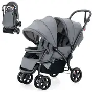 Costway Stroller Tandem Twin Pram Travel Pushchair w/Adjustable Canopy & Footrest & 5-Point Harness & Storage Basket