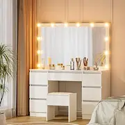 Artiss Dressing Table, Dressing Table with Mirror Lights 12 Bulbs LED Mirror Makeup Stool Set Wooden Vanity Desk Chair, Home Bedroom Furniture Girls Women Organisers, Drawers Tabletop White