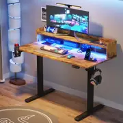 Advwin Electric Standing Desk LED RGB Lights & Power Outlets Height Adjustable Computer Desk with Monitor Stand Rustic Brown Desktop+Black Frame