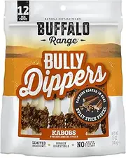 Buffalo Range Rawhide Dog Treats | Healthy, Grass-Fed Buffalo Jerky Raw Hide Chews | Hickory Smoked Flavor | Jerky Kabob with Bullypiece | 12Count