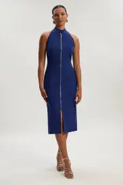 Petite Techno Cotton Halter Neck Zip Detail Woven Midi Dress