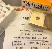 MITUTOYO 614231 Square Steel Gage Block 0.0201" ASME 2 w/CertificateMachinist